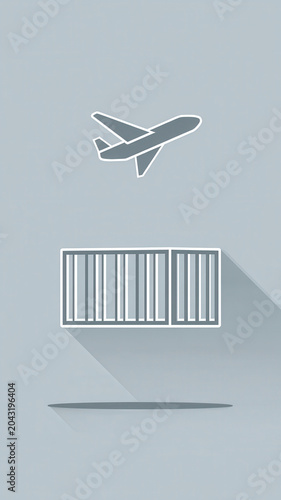 Airplane cargo container shipping export import delivery logistics transportation freight international trade icon illustration with minimal style and soft shadow on blue background