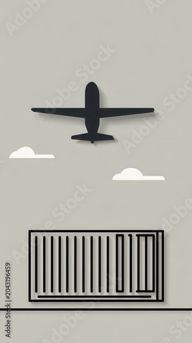 Airplane container cloud shipping transport cargo export import delivery logistics minimal illustration black white gray silhouette freight travel sky business international trade supply storage