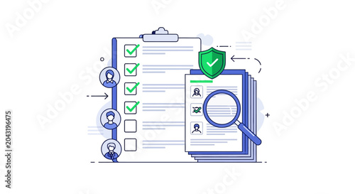 Checklist clipboard with magnifying glass.