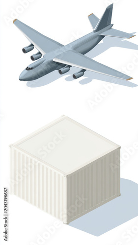 Cargo plane shipping container transportation logistics freight delivery export import isolated illustration. Cargo plane and shipping container isolated white background representing