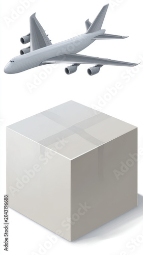 Airplane illustration isolated white background cube shadow transport travel. Airplane illustration isolated white background with large cube below casting shadow representing