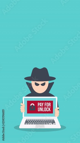 Ransomware Cyber Attack Concept – Hacker Demanding Payment to Unlock Laptop, Malware Cybercrime, Data Encryption Extortion, Cybersecurity Threat	