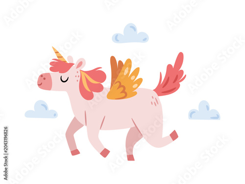 Bild auf Leinwand Cute fantasy creature or character with wings and horn on head, isolated pony or horse flying