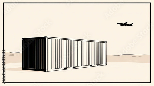 Minimalist line art illustration shipping container desert landscape airplane flying sky, modern black white drawing, transportation logistics concept