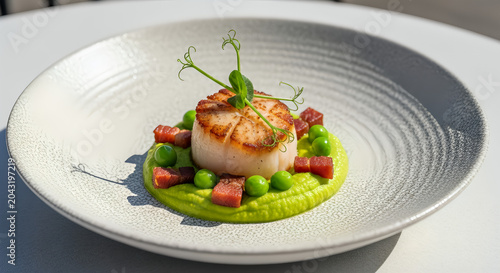 A high angle vector image of a seared premium sea scallop served on green pea puree with pancetta cubes and fresh pea shoots