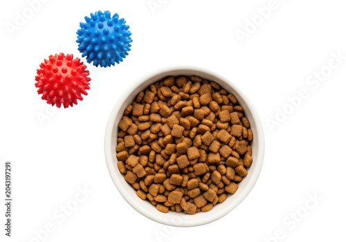 Bowl of dry pet food with red and blue spiky balls isolated on transparent background