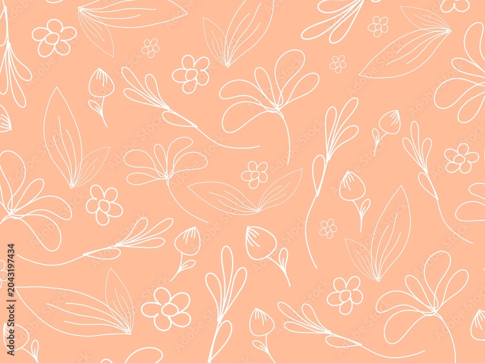 Fototapeta premium Aesthetic line art floral seamless pattern on peach orange background, modern minimalist botanical wallpaper for textile, branding, and backgrounds.