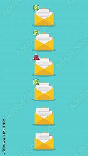 Email Security and Spam Filtering System with Warning Alerts and Protection Shields Animation	