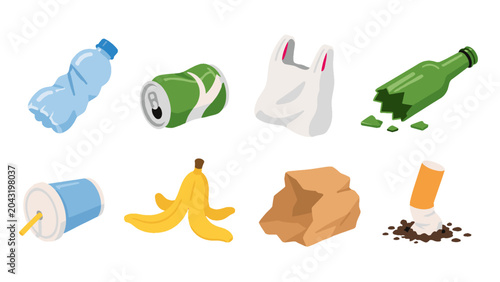 Slika na platnu Vector set of common waste and litter items on white
