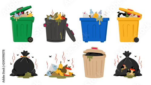Foto Set of overflowing garbage bins and trash bags illustration