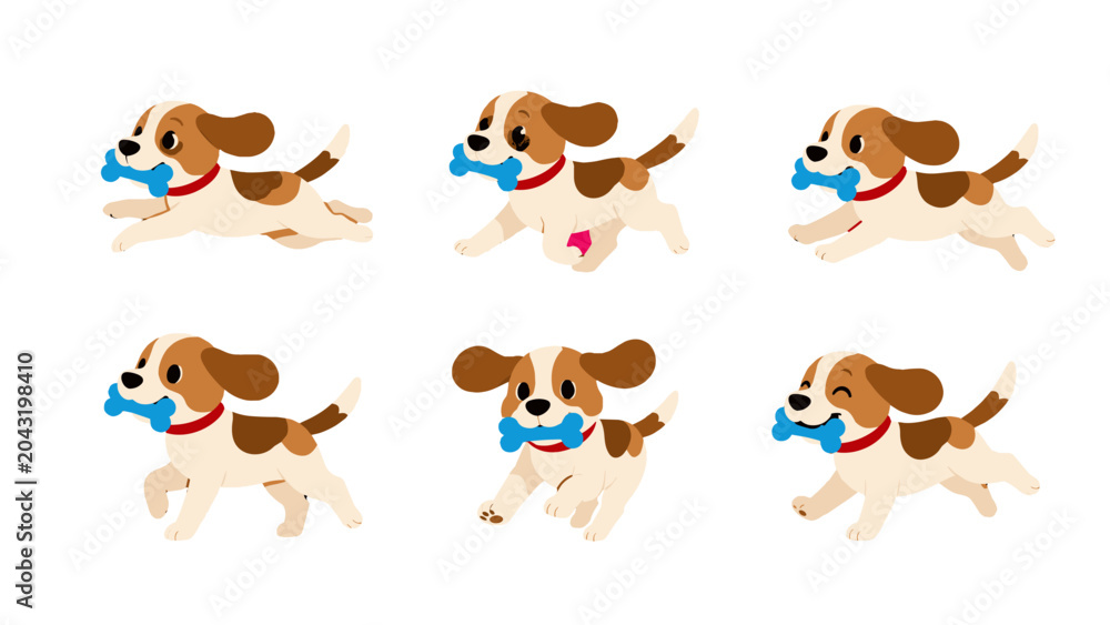 Fototapeta premium Cute cartoon puppy set with blue bone in different poses