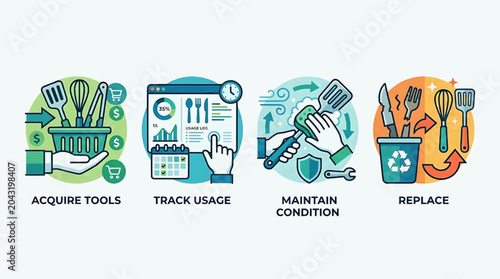 Workers are acquiring tools, tracking usage, maintaining condition, and replacing equipment in an industrial setting with icons.
