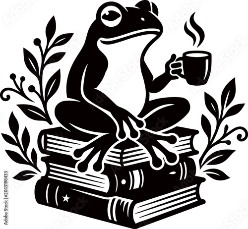 Cute Reading Frog Sitting on Books with Coffee Cup Vector Illustration, Cute Reading Frog on Books with Coffee Cup Vector Illustration