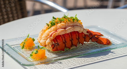 A luxurious vector image of a butter-poached lobster tail elegant presentation adorned with salmon roe and delicate green microgreens on glass plate