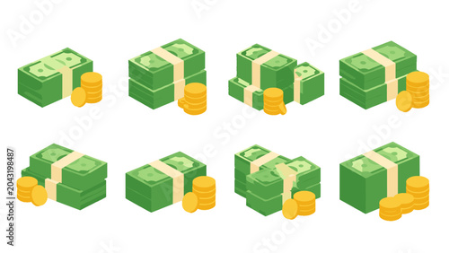Tableau sur toile Set of cash bundles and gold coins in isometric vector style