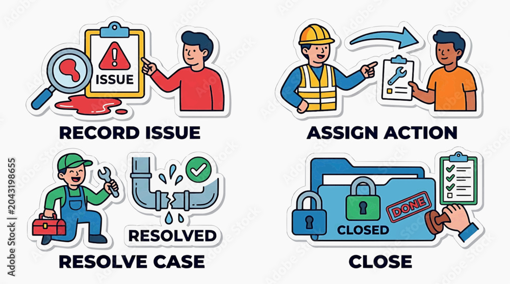 Fototapeta premium Workers resolving industrial issues with stickers and equipment in an office setting