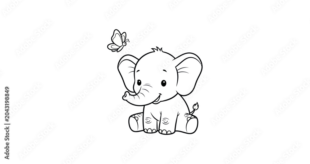 Fototapeta premium A delightful coloring page featuring a friendly baby elephant and its whimsical butterfly companion.