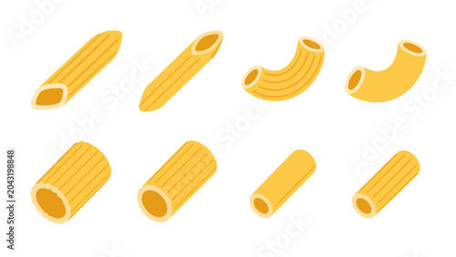 Schilderij op canvas Set of assorted uncooked pasta shapes in yellow vector style