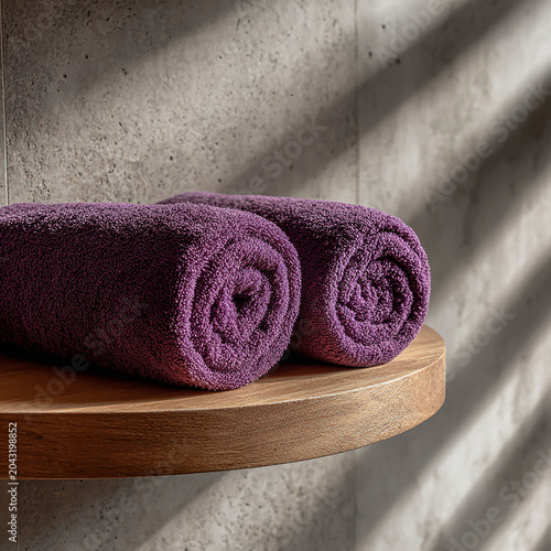 Rolled towels on wooden desk generated.AI
