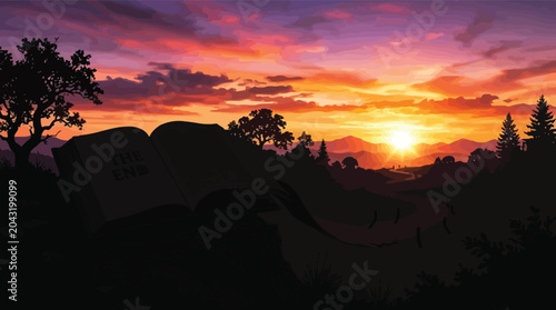 Fotografie Open book showing The End on cliff edge at dramatic sunset overlooking landscape