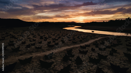 Bild auf Leinwand Paper boats floating on dried riverbed during drought landscape at sunset