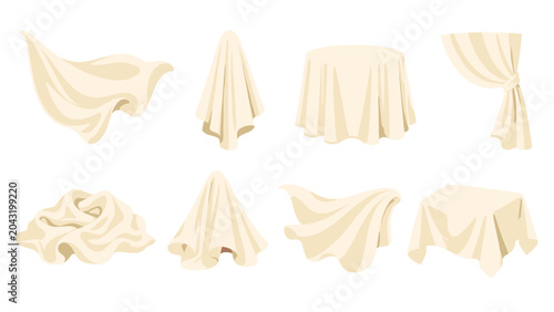 Obraz na płótnie Set of beige draped fabric shapes and covered objects vector