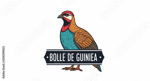 Cartoon guinea fowl with colorful plumage and a banner bearing text