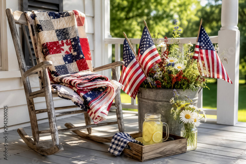A wooden rocking chair sits on a porch draped with a patriotic quilt next to American flags in a galvanized bucket and fresh lemonade.