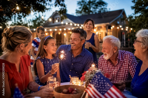 A happy multigenerational family gathers around an outdoor table decorated with American flags to celebrate the 4th of July with sparklers and string lights at dusk.