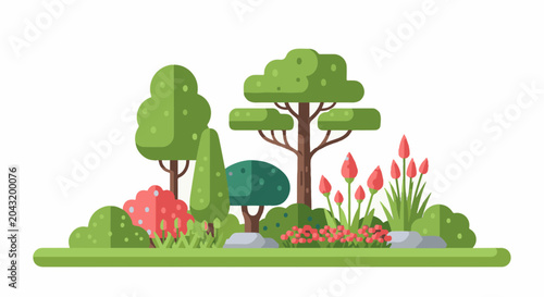 Lush green trees, red flowers, and rocks in a flat style garden