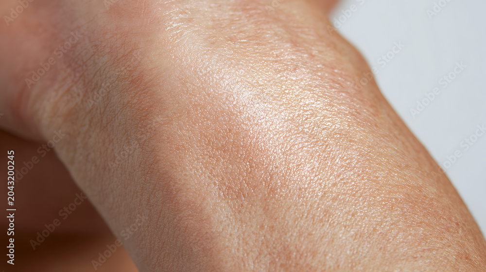 Naklejka premium Close-Up of Human Skin Texture with Subtle Shimmer, Healthy and Radiant Complexion Detail on a Hand or Wrist, Macro Aesthetic Study