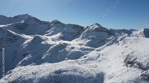 Amazing Aerial Winter view of Rila mountain near Musala peak, Bulgaria