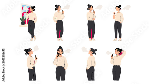 Konstfotografi Set of young woman vaping in different poses vector illustration
