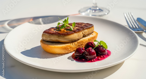 Seared gourmet foie gras vector image served on crispy brioche toast with sweet dark cherry compote and fresh microgreen garnish on white plate