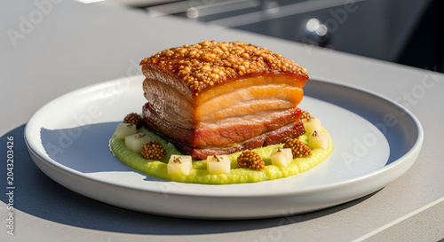Crispy roasted pork belly vector image with perfectly crackled skin placed on smooth green apple puree pickled mustard seeds and sweet apple cubes