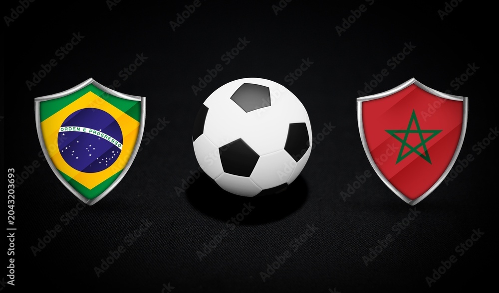 Naklejka premium Brazil and Morocco soccer shield icons with black and white football on dark background for sports design 4k animation