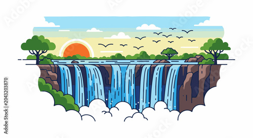 Serene waterfall cascading down cliffs under a rising sun