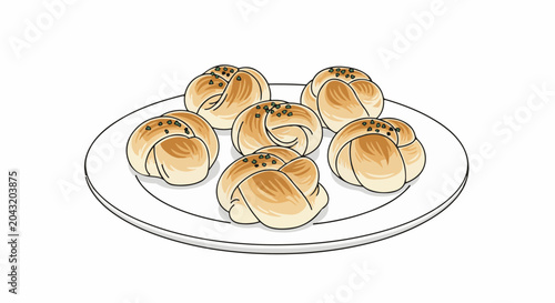 Seven braided baked buns with green specks on a white plate