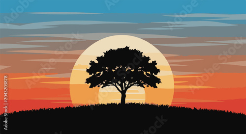 Silhouette of a large tree against a vibrant sunset sky