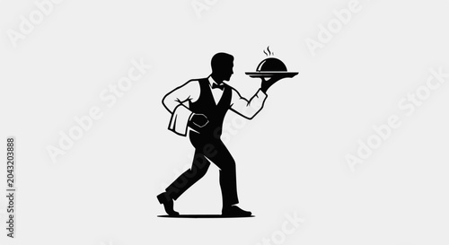Silhouette of a waiter carrying a covered dish with steam rising