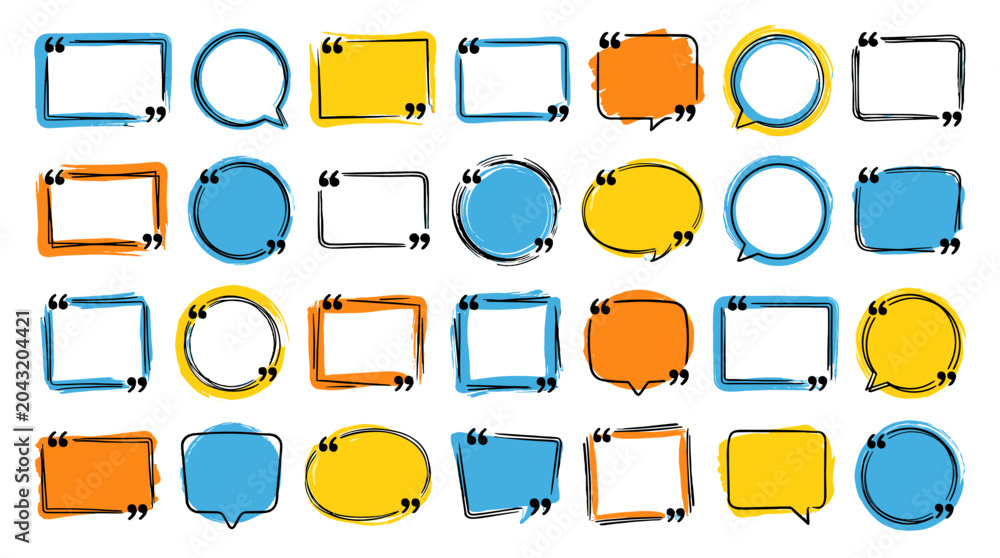 Obraz premium Hand drawn speech bubble and quote frame set in blue yellow orange