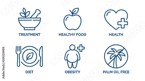 Foto Nutrition and health line icon set with food and medical symbols