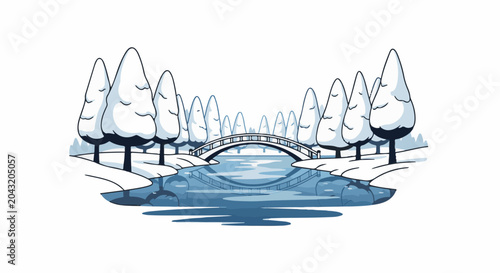 Snow-covered trees and arched bridge over a frozen river in winter park