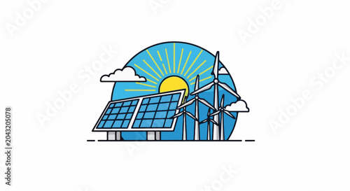 Solar panels and wind turbines under a bright sun and clouds