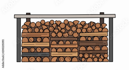 Stacked firewood under a metal frame, organized in rows