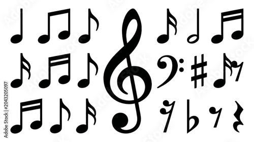 Fotografie Set of black musical notes and symbols isolated on white