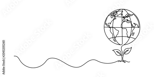 Foto Continuous line drawing of an earth globe rising from a seedling symbolizing environmental renewal, biodiversity, and a greener future, earth day, environment day, line art vector illustration