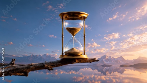Time Management and Emotional Balance Represented by Hourglass in Serene Mountain Landscape with Clouds and Reflective Water