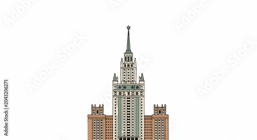 Stylized illustration of a grand skyscraper with a pointed spire and star