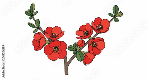 Stylized red flowers bloom on a branch with green leaves
